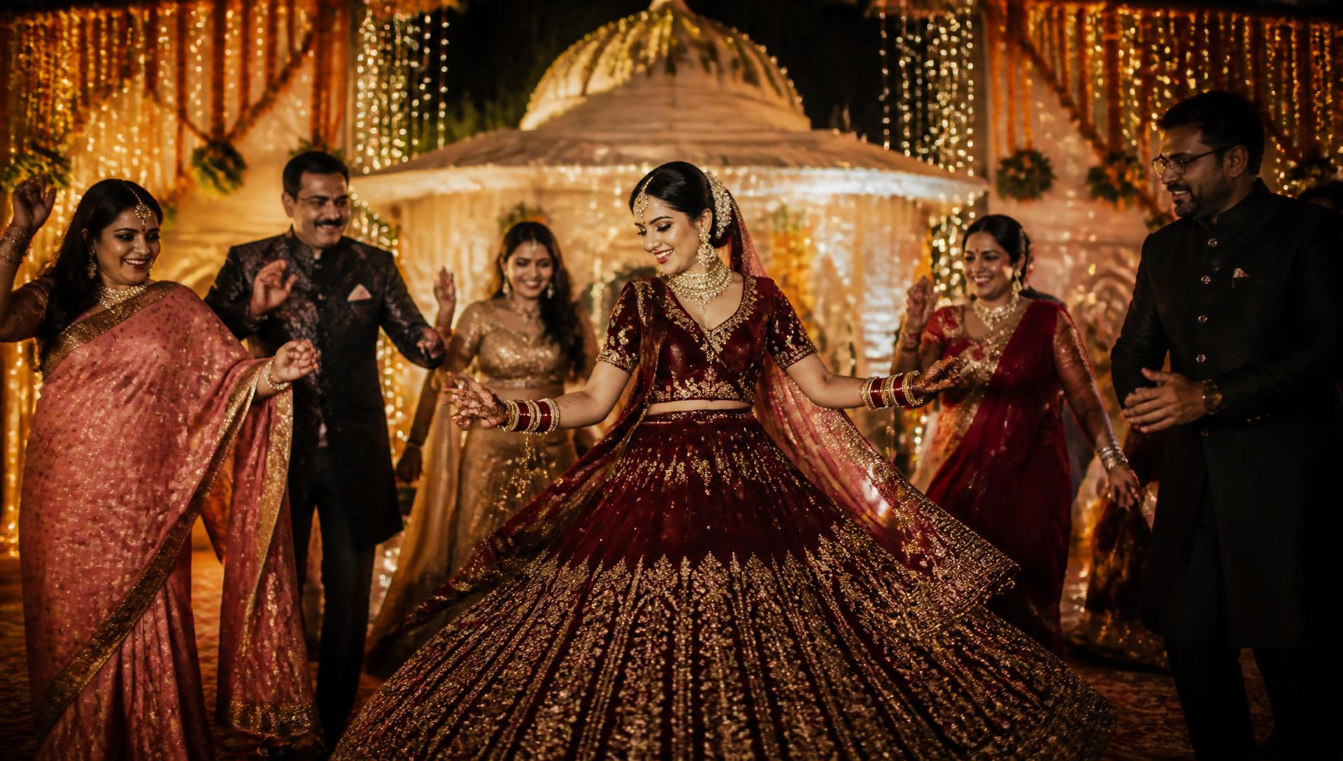 Bride twirling in a maroon lehenga at an Indian sangeet under marigold garlands