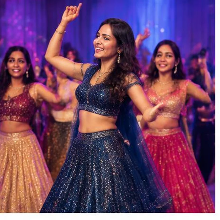 Indian friends dancing at a vibrant sangeet