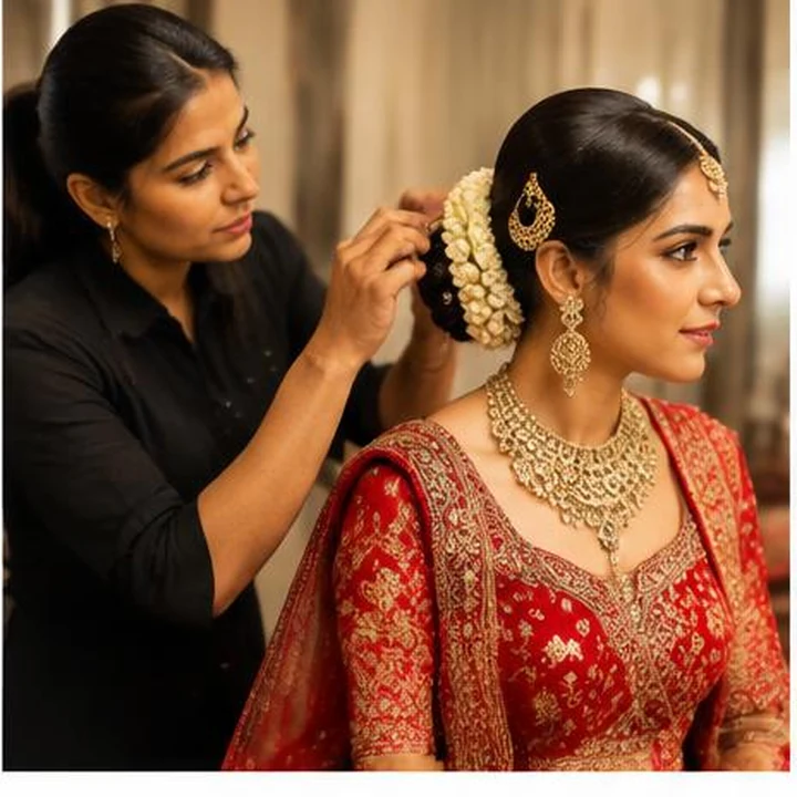 Indian bridal stylist preparing a bride