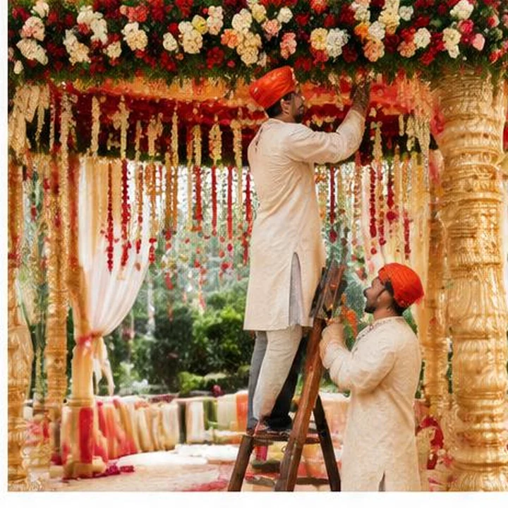 Indian decorators building a floral mandap