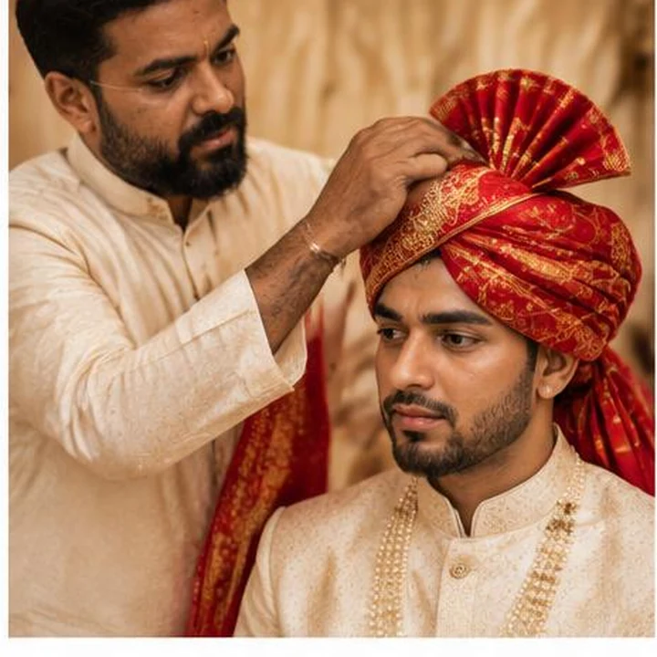 Indian groom having his wedding turban styled